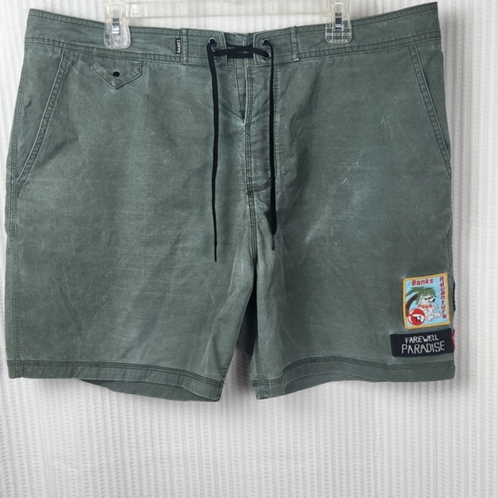 Banks Journal Board Shorts Size 38 Green Customized Patches Surf‎ Beach Boarding